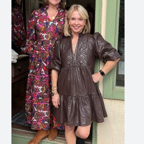 Emily McCarthy XXS Brown FX Leather Puff Sleeve Dress Matrix Steampunk Wet Look - Picture 16 of 16